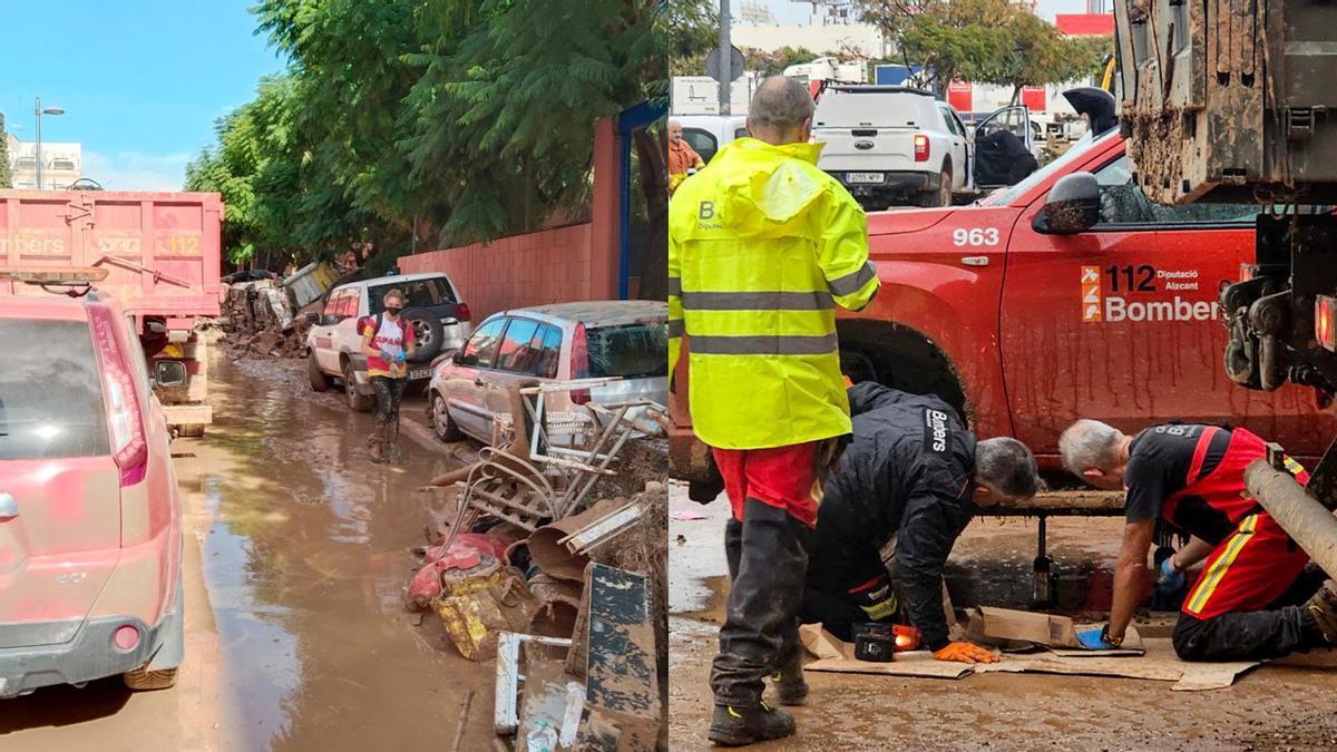 Bomberos de Alicante siguen en Valencia para liberar calles y achicar garajes.