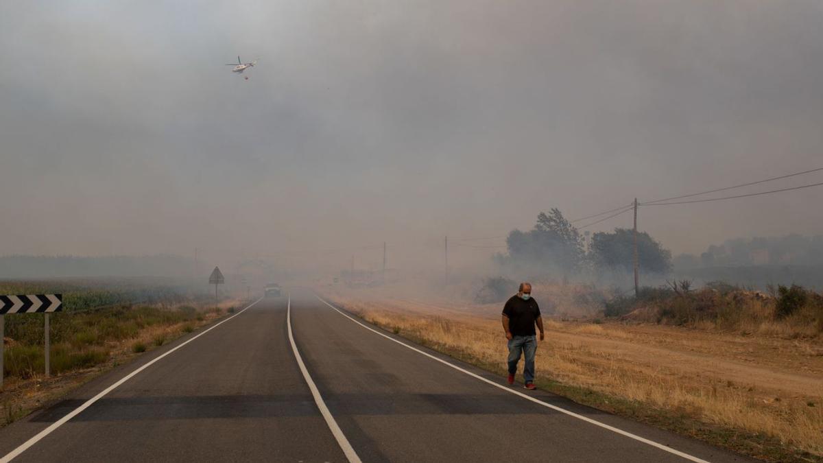 Un medio aéreo trabaja en la extinción del incendio de Losacio. |