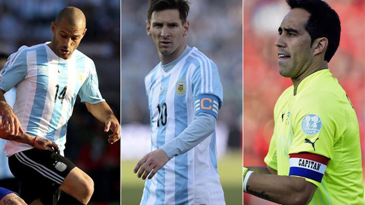 Javier Mascherano, Leo Messi y Claudio Bravo en la final de la Copa América