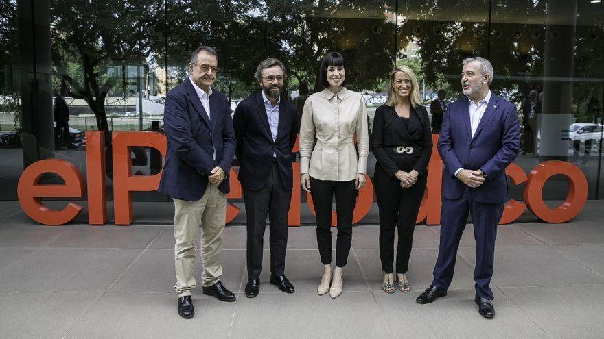 De izquierda a derecha, el director de El Periódico, Albert Sáez; Aitor Moll, consejero delegado de Prensa Ibérica; la ministra Diana Morant; la delegada del Gobierno, Maria Eugènia Gay, y el teniente de alcalde Jaume Collboni.