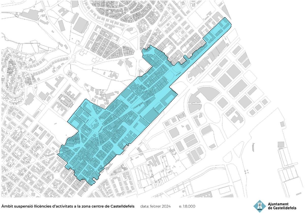 Plano de la superficie de L'Hospitalet afectada por la suspensión de licencias de nuevos restaurantes.