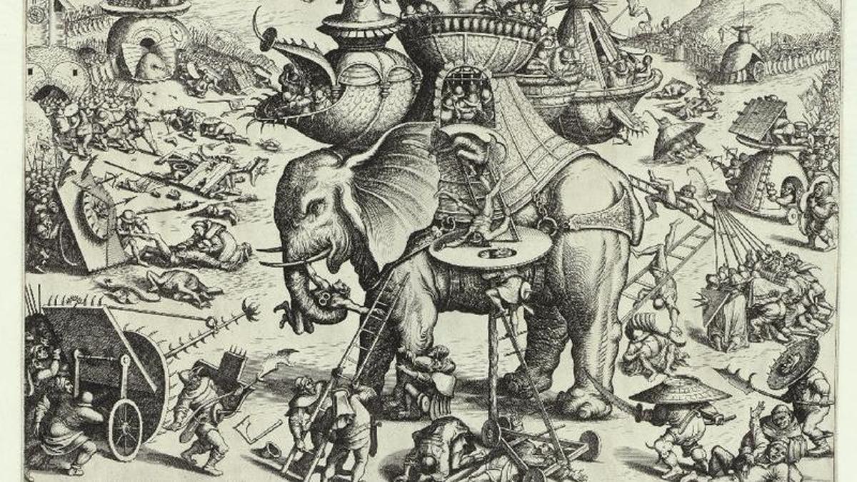 El elefante cercado, hacia 1561   Aguafuerte y grabado | Joannes y Lucas van Doetecum  Neerlandeses, hacia 1530-1605; activos entre 1554 y 1573   Según el grabado de Alart Duhameel   Neerlandés, ¿1449?-1505/06   A la manera de Jheronimus van  Aken, el Bosco   Neerlandés, hacia 1450-1516.