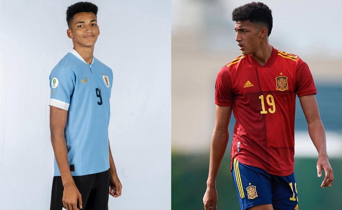 A la izquierda, Álvaro posa con los colores de Uruguay y, a la derecha, con los de la selección española.
