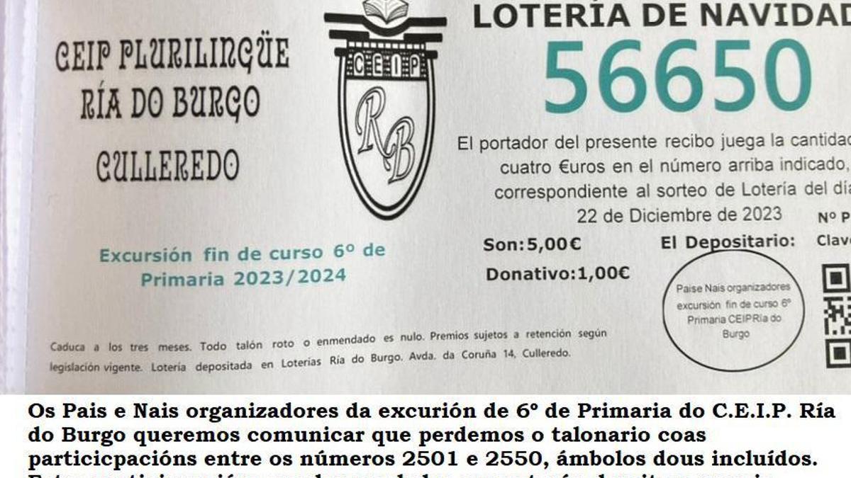 Padres del colegio Ría do Burgo avisan del extravío de un talonario de participaciones de Lotería de Navidad