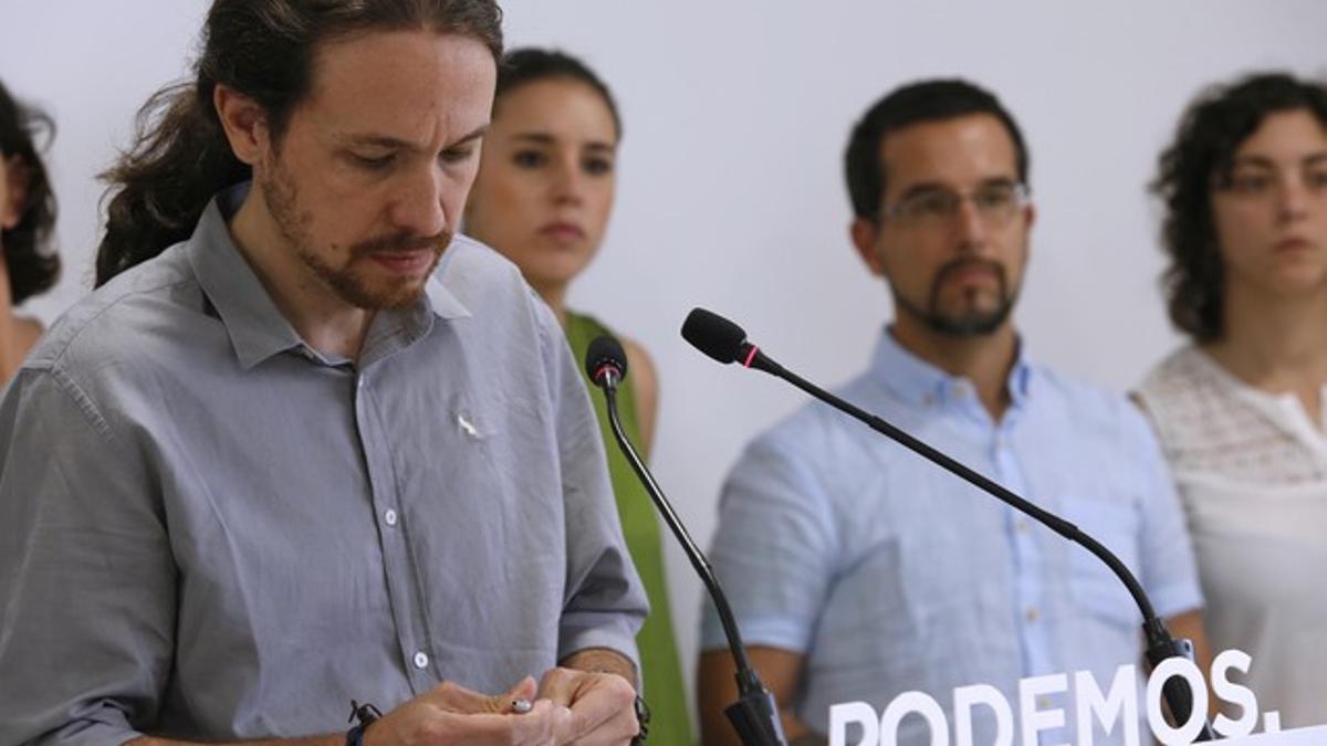 El secretario general de Podemos, Pablo Iglesias, durante la rueda de prensa de este lunes, 6 de julio, tras la reunión del órgano del consejo de coordinacion del partido.