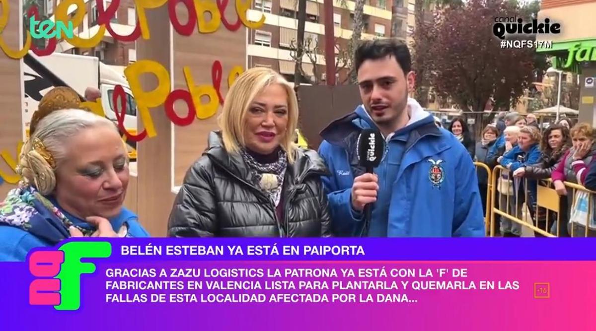 El presidente y la Fallera Mayor de Sant Antoni con Belén Esteban durante una conexión al programa.