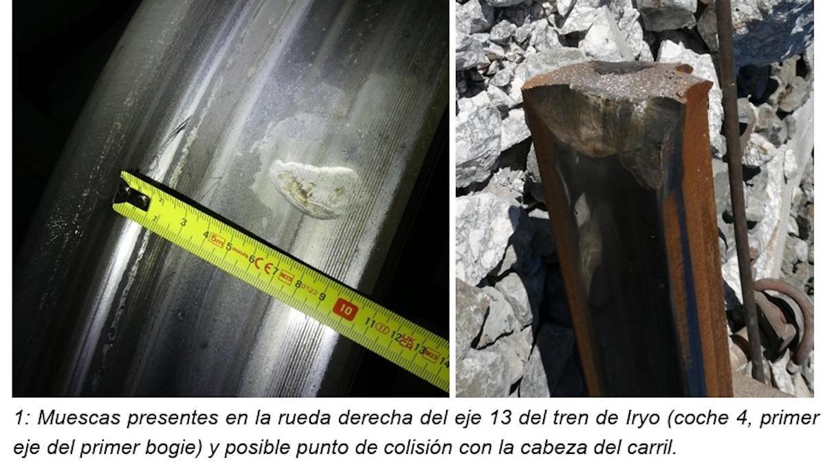 Osques presents a la roda dreta de l’eix 13 del tren d’Iryo (cotxe 4, primer eix del primer bogi) i possible punt de col·lisió amb el cap del carril.