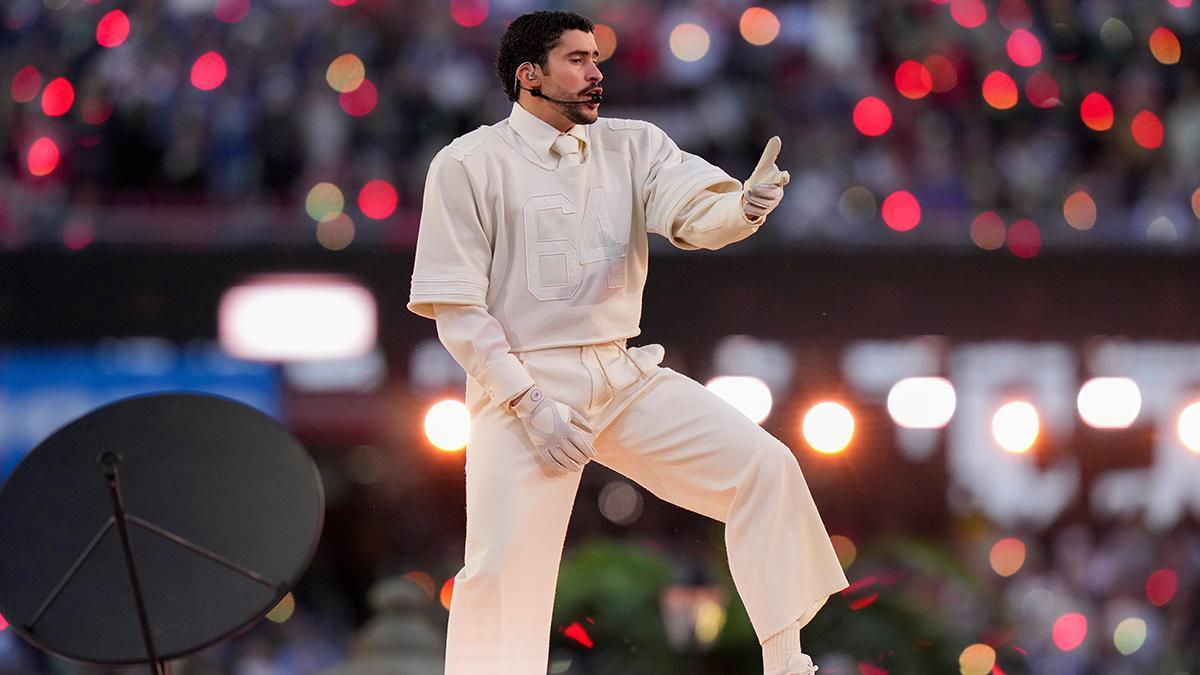 Bad Bunny performs during halftime of the NFL Super Bowl 60 football game between the New England Patriots and the Seattle Seahawks, Sunday, Feb. 8, 2026, in Santa Clara, Calif. (AP Photo/Lynne Sladky)