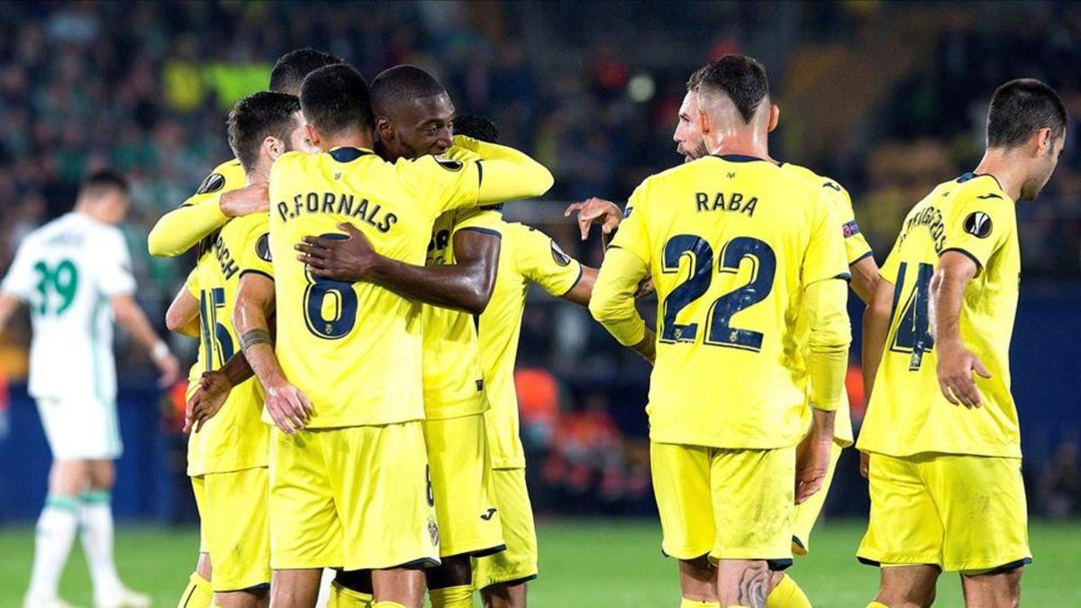 Los 'groguets' celebrando un gol ante el Rapid de Viena la última jornada