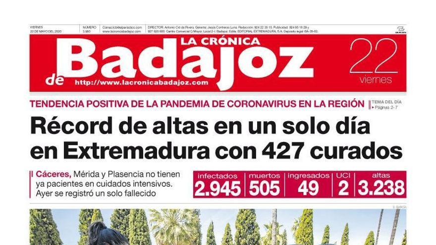 Esta es la portada de LA CRÓNICA DE BADAJOZ correspondiente al día 22 de mayo del 2020