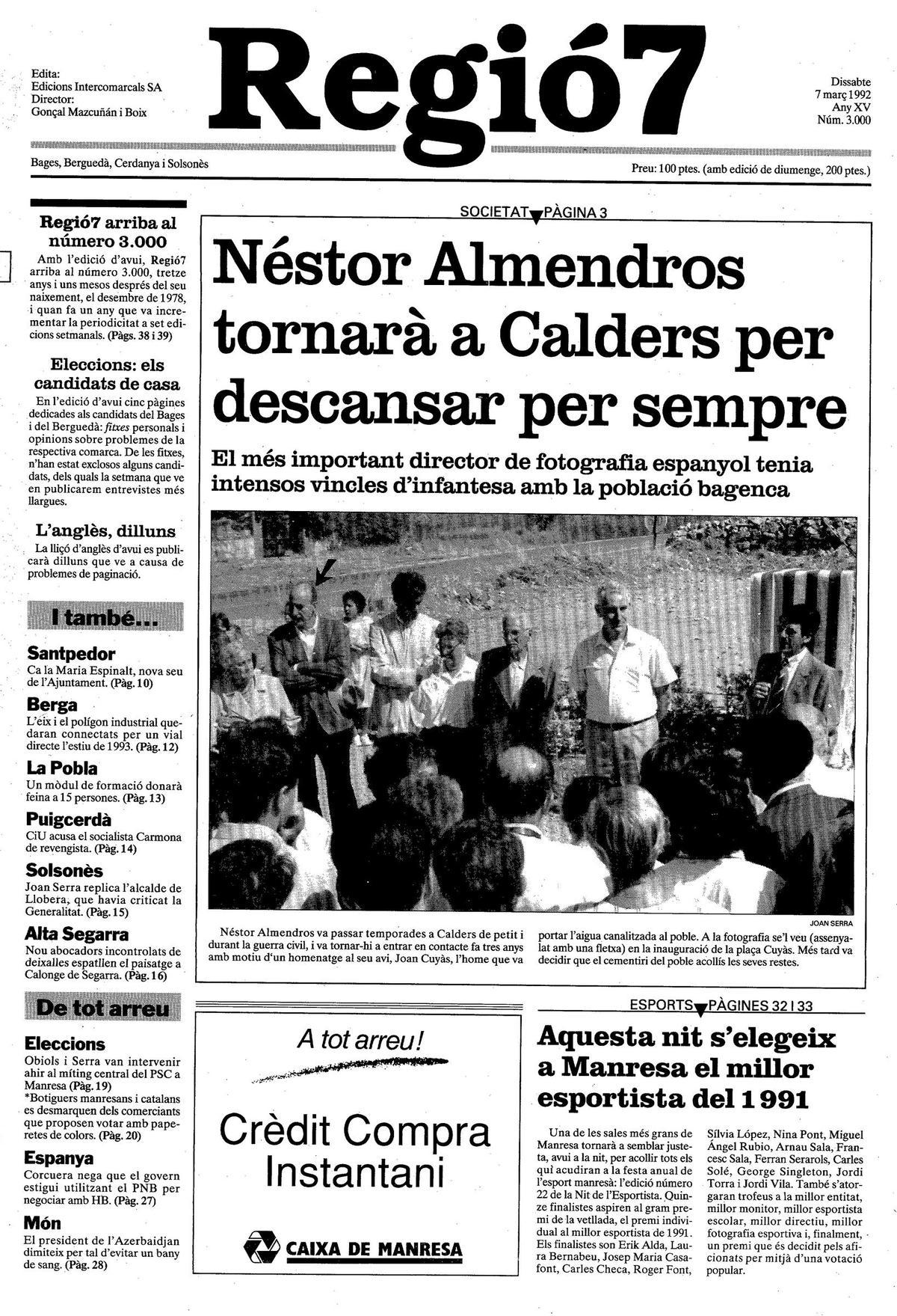 La portada 3.000 de Regió7 del 7 de març de 1992