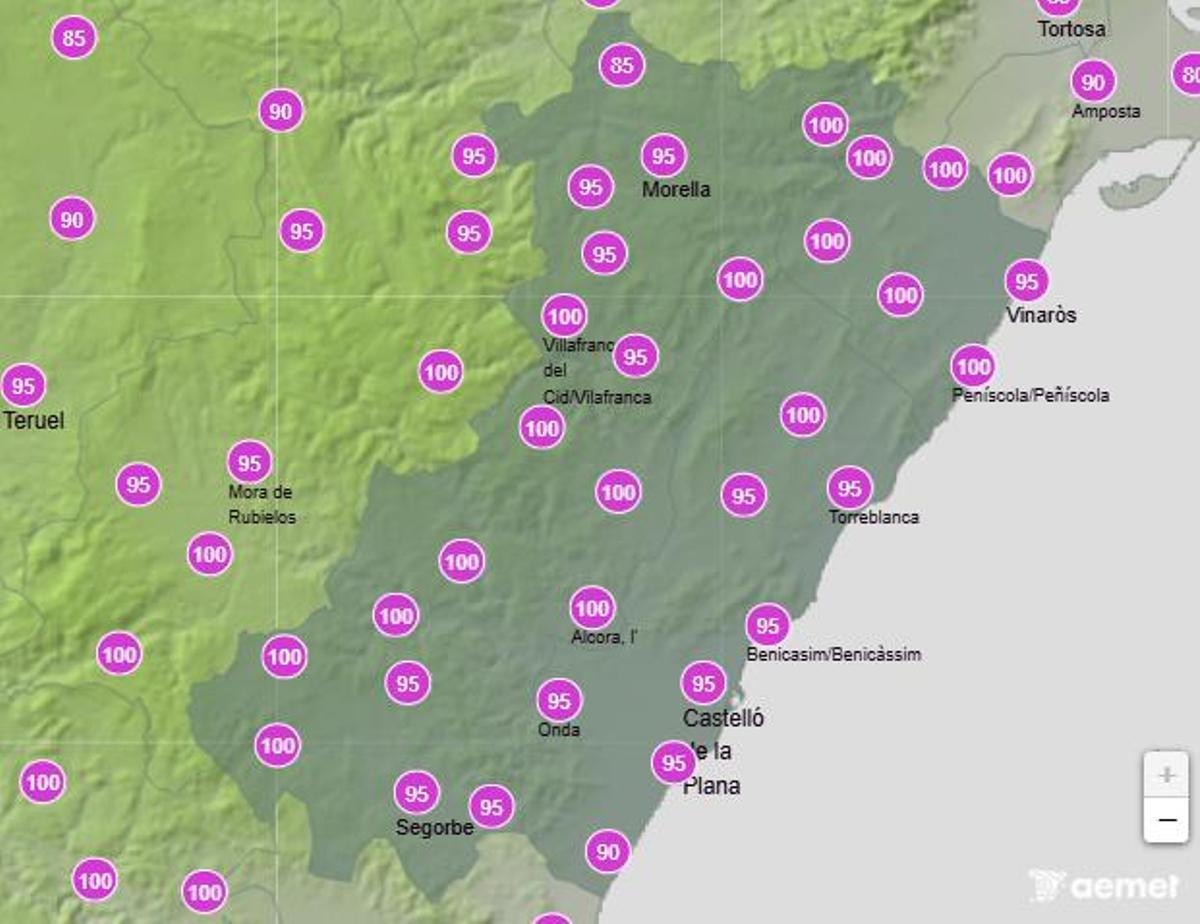 Probabilidad de lluvia en Castellón entre las 12.00 y las 18.00 horas del viernes.