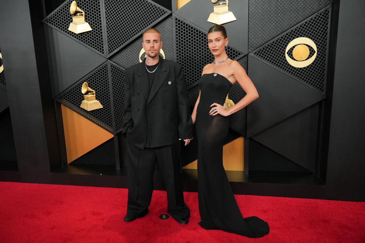 Justin Bieber, left, and Hailey Bieber arrive at the 68th annual Grammy Awards on Sunday, Feb. 1, 2026, in Los Angeles. (Photo by Jordan Strauss/Invision/AP). 020126132492, 21334631
