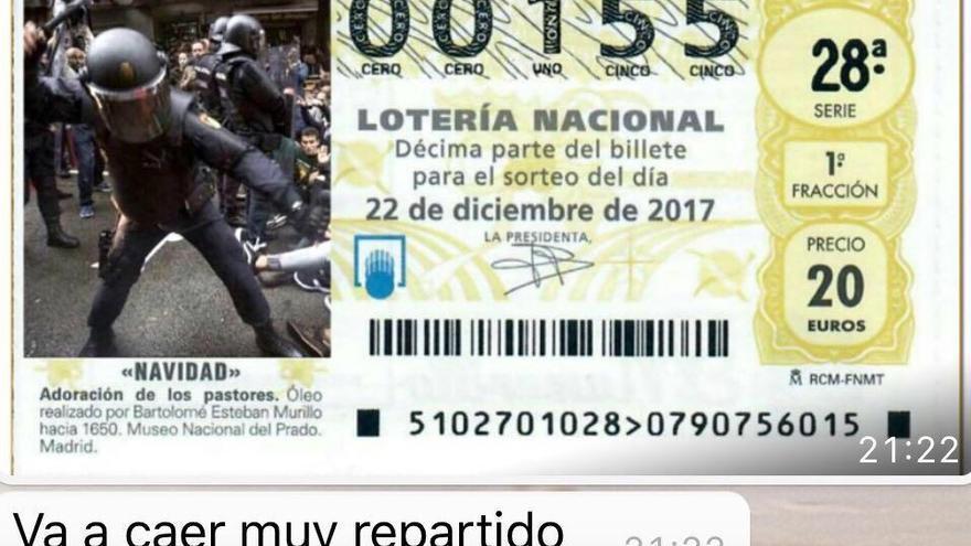 El meme que circula por internet con el montaje de las cargas policiales en Barcelona en un décimo de lotería