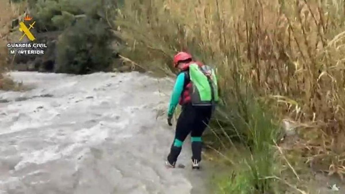 Tareas de la Guardia Civil en la búsqueda de una mujer desaparecida en Sayalonga tras caer al río Turvilla.