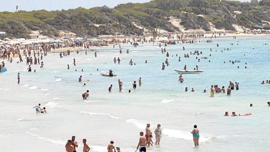 Multitud de bañistas en la playa de ses Salines este verano.