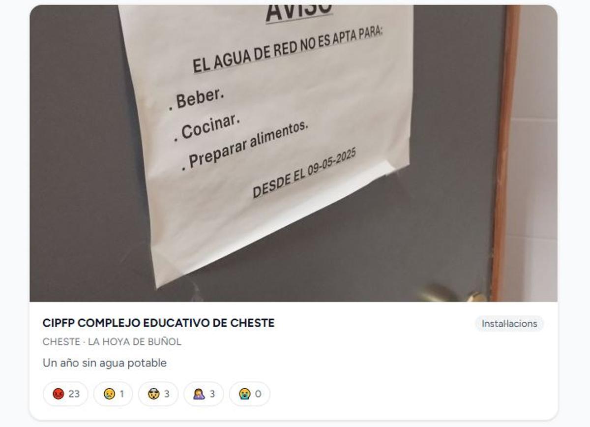 Sin agua potable en el complejo educativo de Cheste.