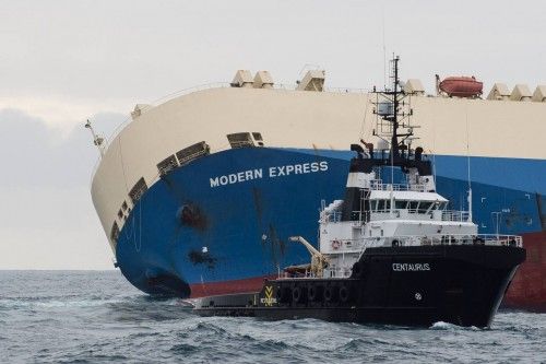 The "Modern Express", a cargo ship that capsized in the Atlantic Ocean off France, is seen in this picture provided by France's Marine Nationale