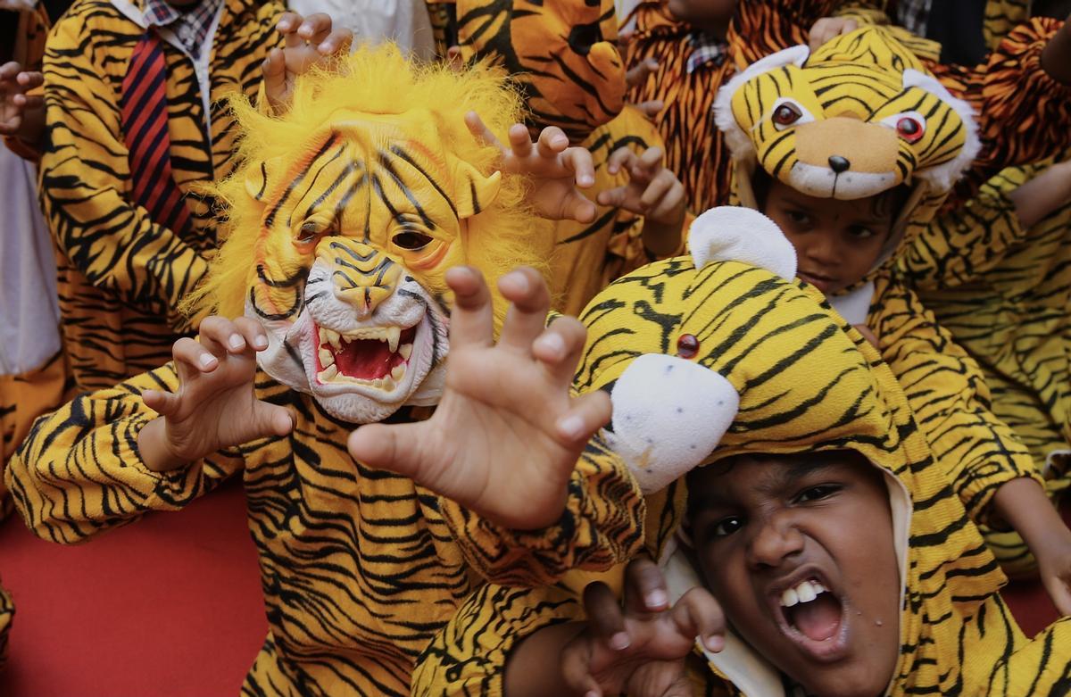 Escolares indios celebran el Día Mundial del Tigre