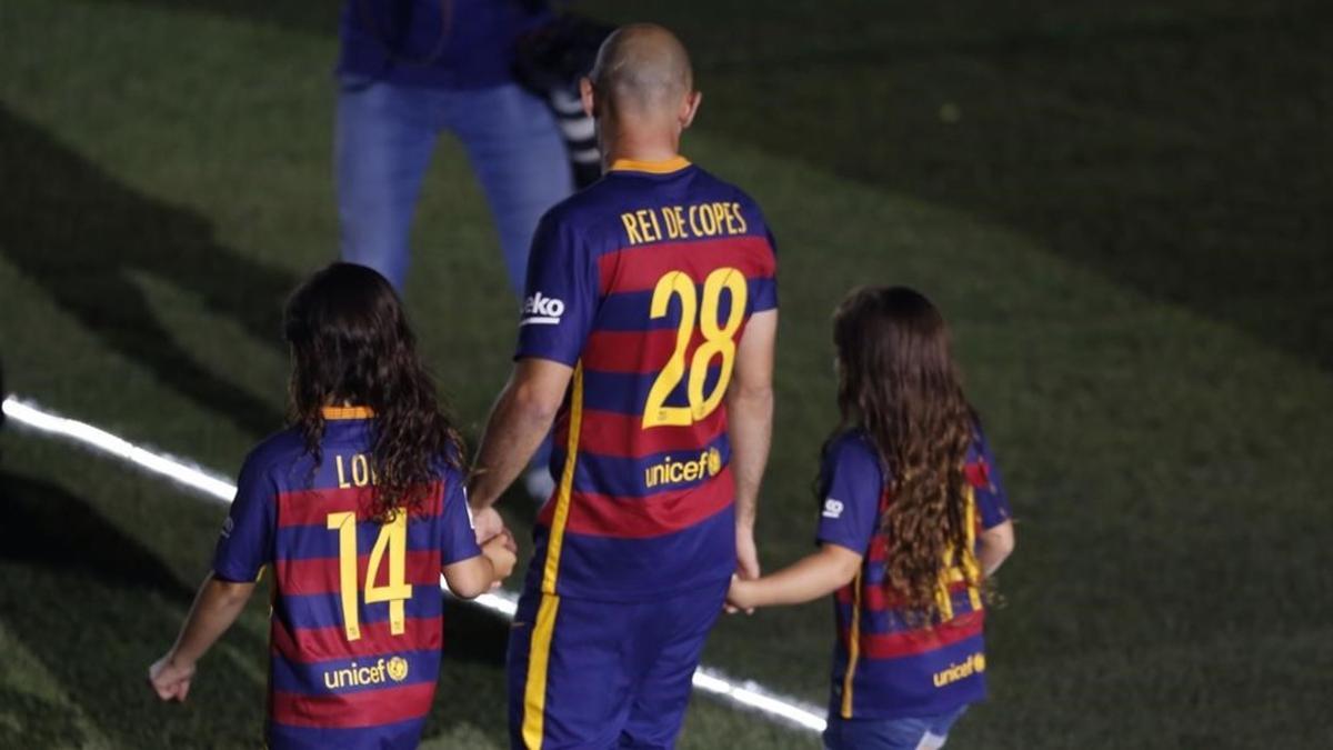 Javier Mascherano, durante la celebración del doblete en el Camp Nou