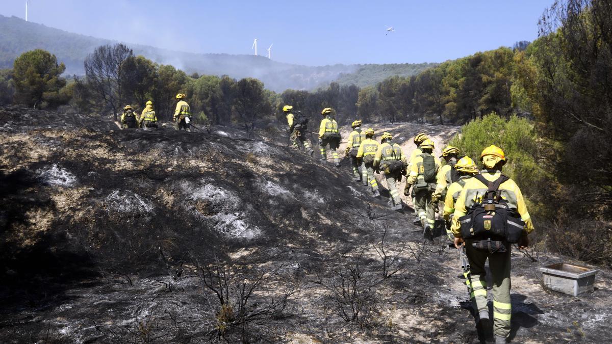 Cuadrillas forestales trabajan en la extinción del fuego.