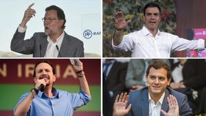 Mariano Rajoy, Pedro Sánchez, Pablo Iglesias y Albert Rivera, respectivamente. 