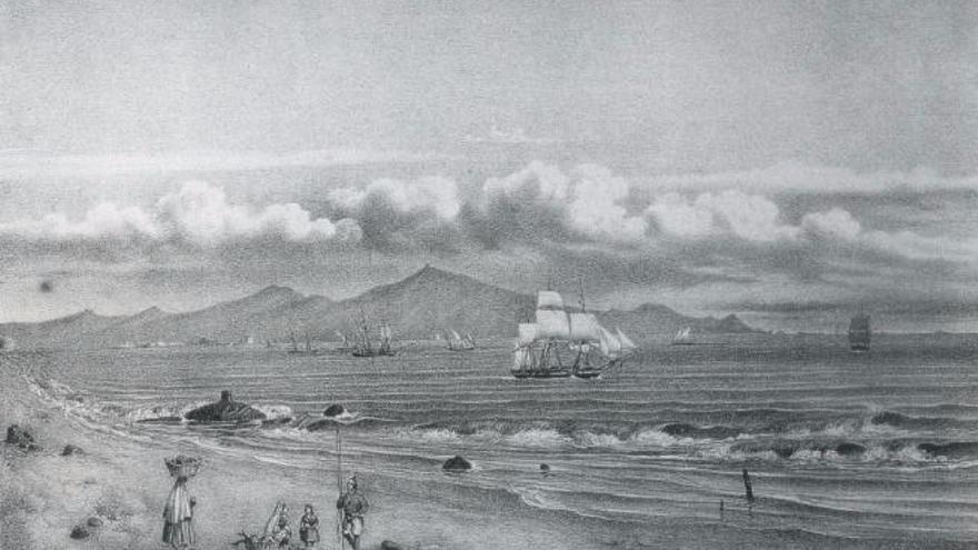 Grabado de J.J. Williams con varios barcos fondeados en la bahía de Las Palmas de Gran Canaria.
