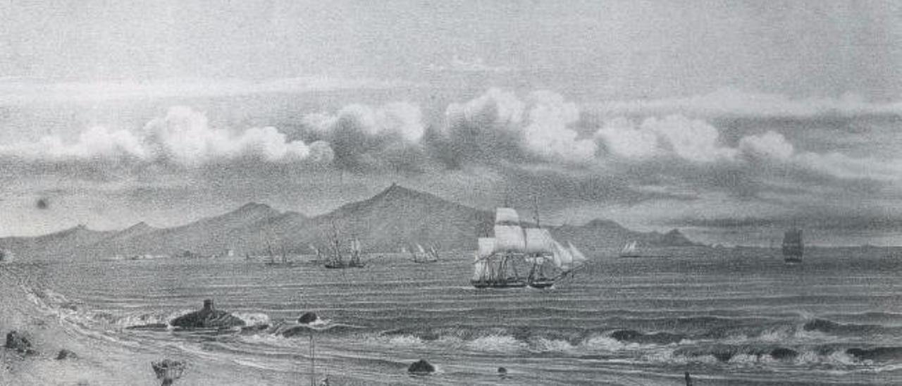 Grabado de J.J. Williams con varios barcos fondeados en la bahía de Las Palmas de Gran Canaria.
