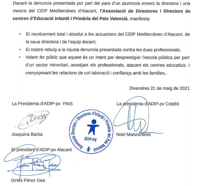 Escrito de los directores de colegios de la Comunidad