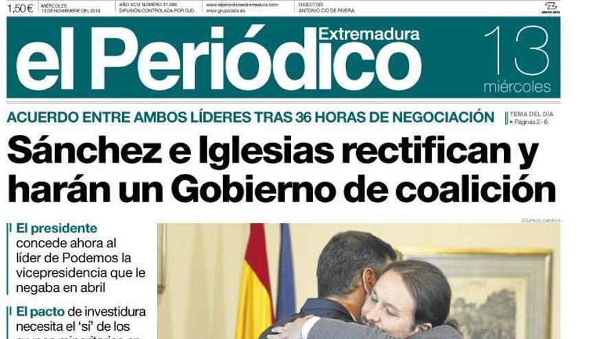 Esta es la portada de EL PERIÓDICO EXTREMADURA correspondiente al día 13 de noviembre del 2019