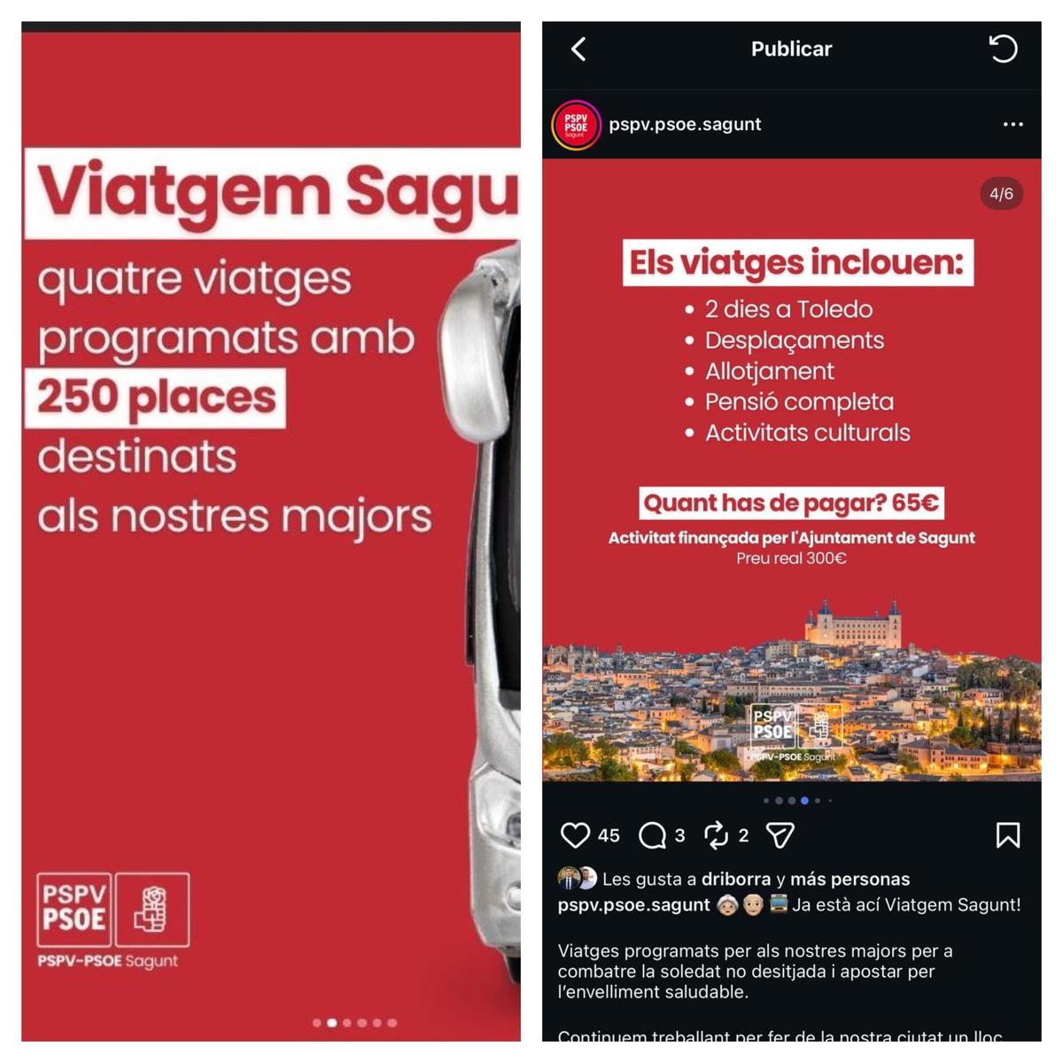 Dos de las publicaciones del PSPV sobre los viajes.