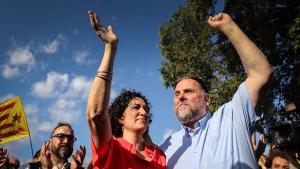 Junqueras y Rovira, celebrando el viernes el retorno a Catalunya de la secretaria general de ERC