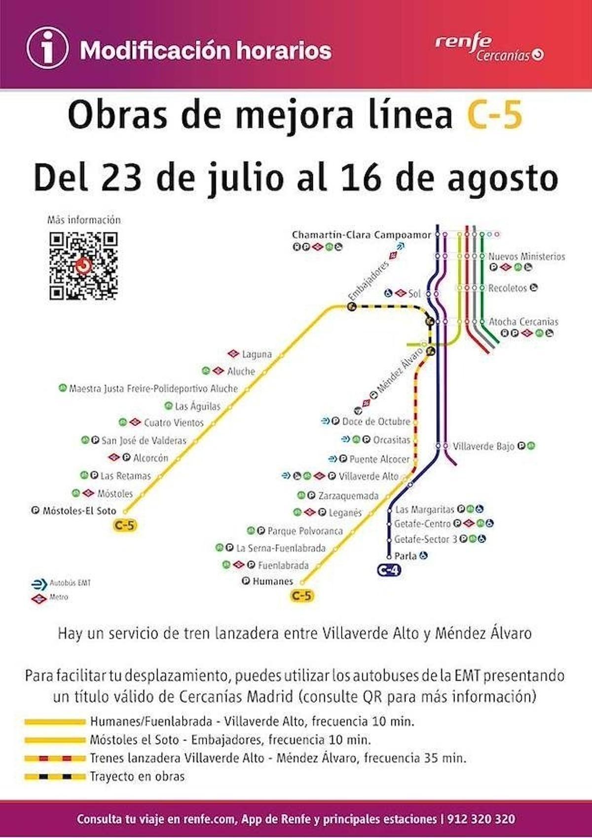El mapa proporcionado por Renfe, que muestra el corte de la C-5 con líneas discontinuas, indica en color rojo la franja cubierta por el servicio especial de trenes lanzadera