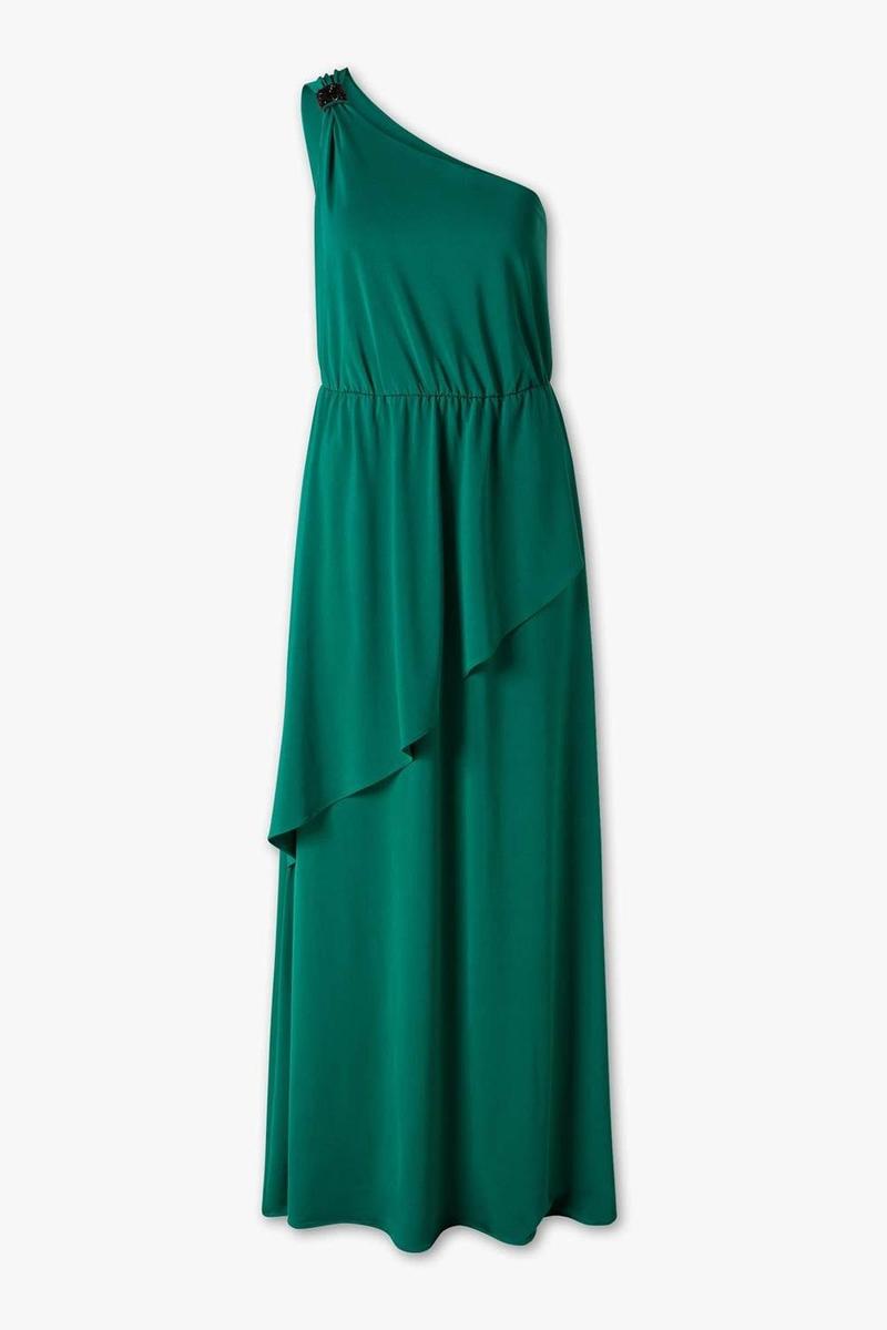 Vestido verde con escote asimétrico de C&amp;A (Precio: 79,90 euros)