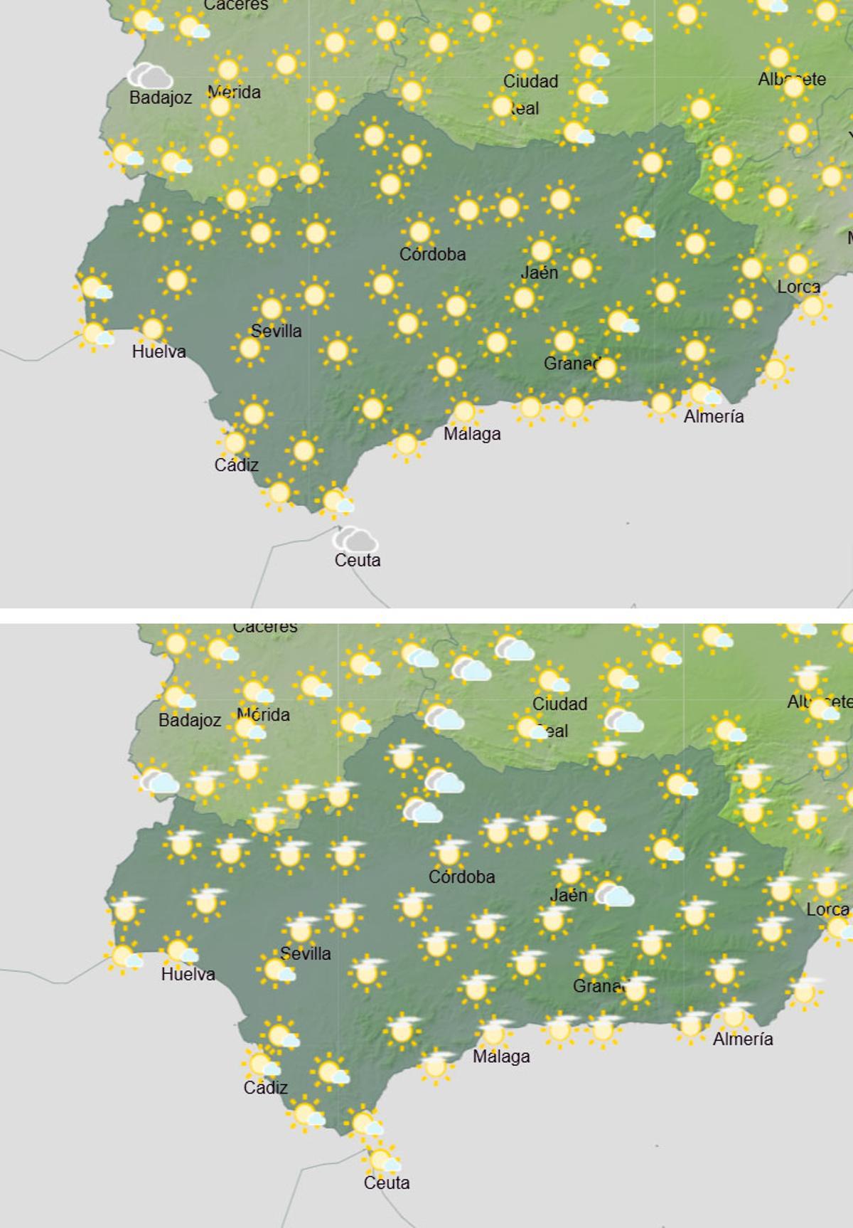 Previsión en Andalucías a las 12.00 horas el sábado (sup.) y domingo (inf.).