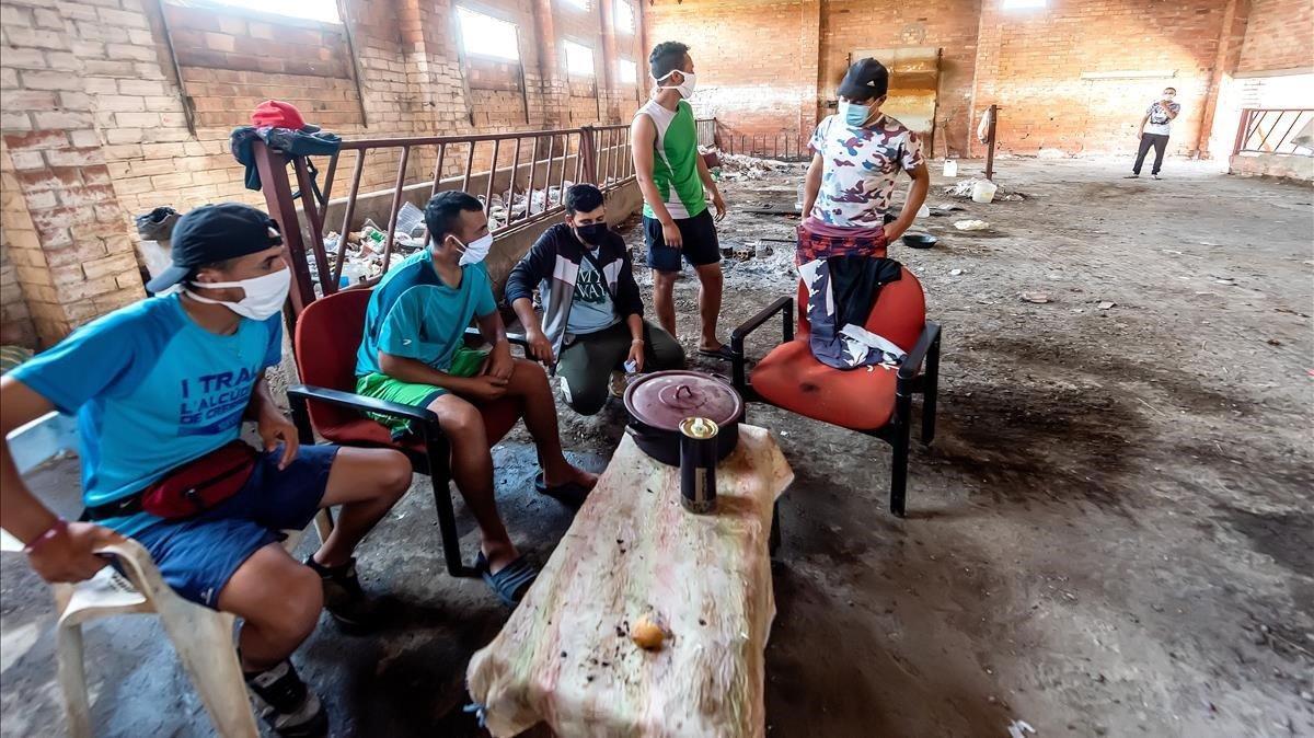 Varios de los chicos que ocupan esta granja abandonada del Segrià. Algunos, dicen, sí están trabajando en la campaña de la fruta. Ellos, no. Comemos una vez al día, no hay tanta comida para todos, explican