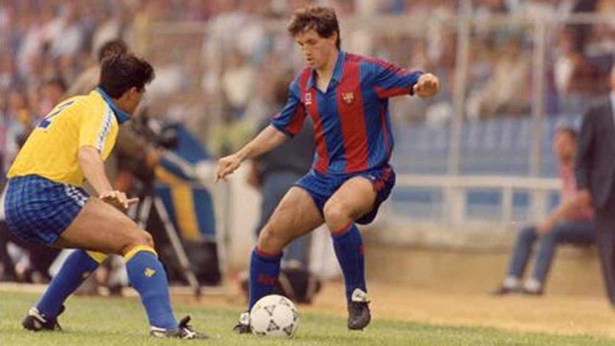Goikoextexa, en una acción con Raúl, durante el 4-0 que el Barça encajó en Cádiz el 11 de mayo de 1991