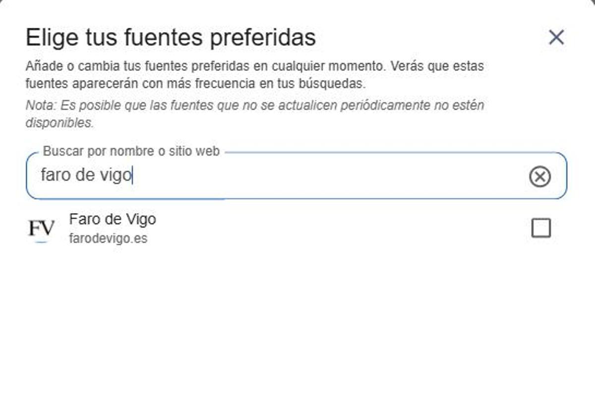 Así puedes añadir Faro de Vigo a tus fuentes preferidas.