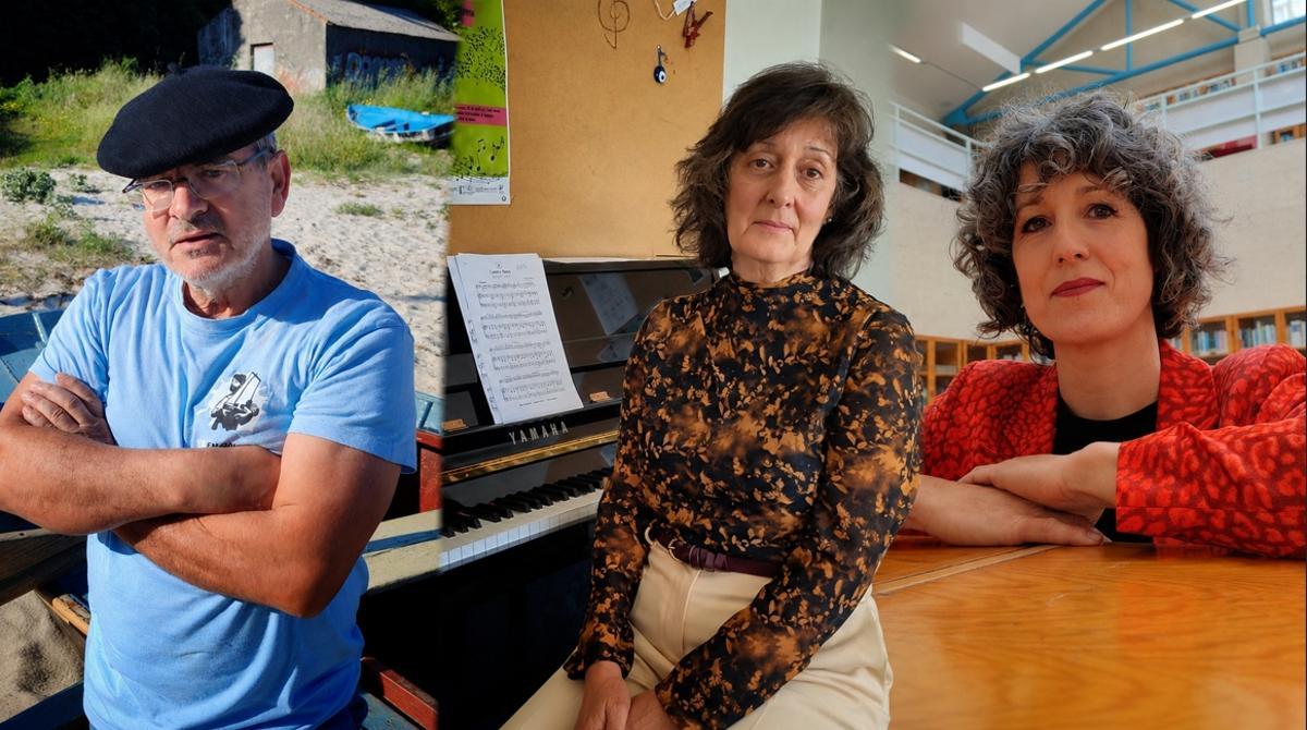 De esquerda á dereita: o presidente da Asociación Mar da Pedra, Antón Lima; a directora do Conservatorio e Escola de Música de Cangas, María Jesús Torres; e a artista Rosa Neutro.