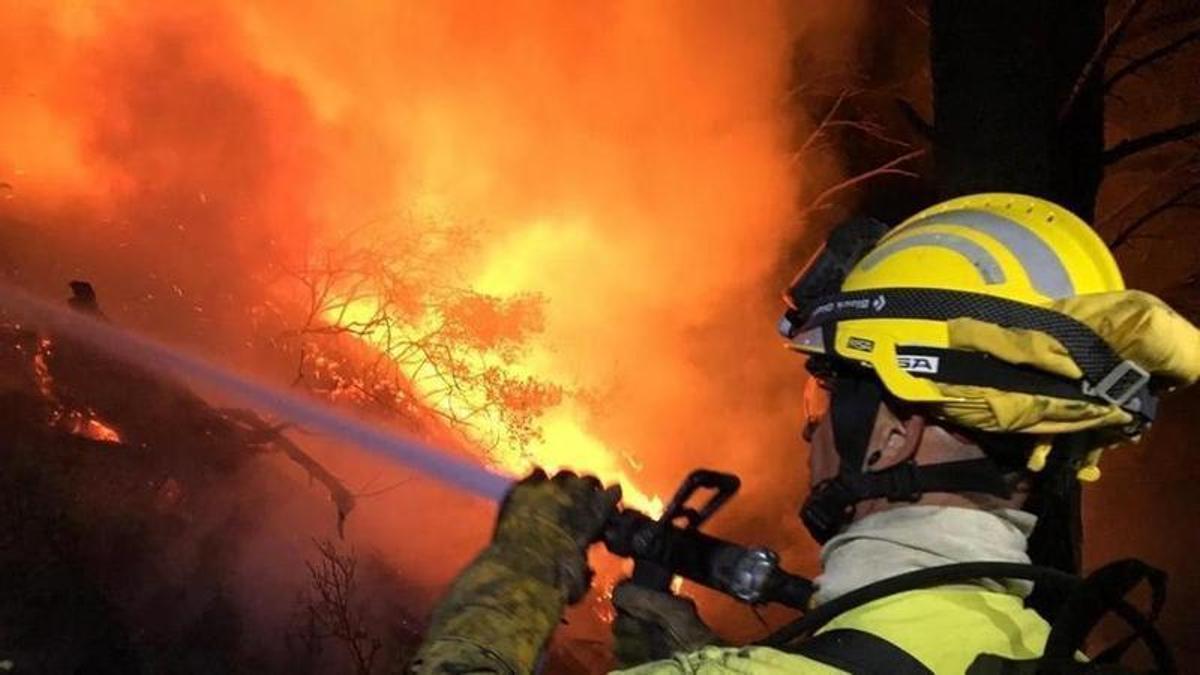 Imagen de recurso de un bombero interviniendo en un incendio forestal.