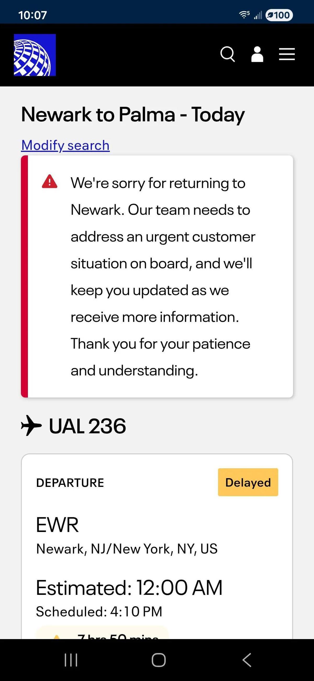 So informierte United Airlines die Passagiere über den Rückflug.