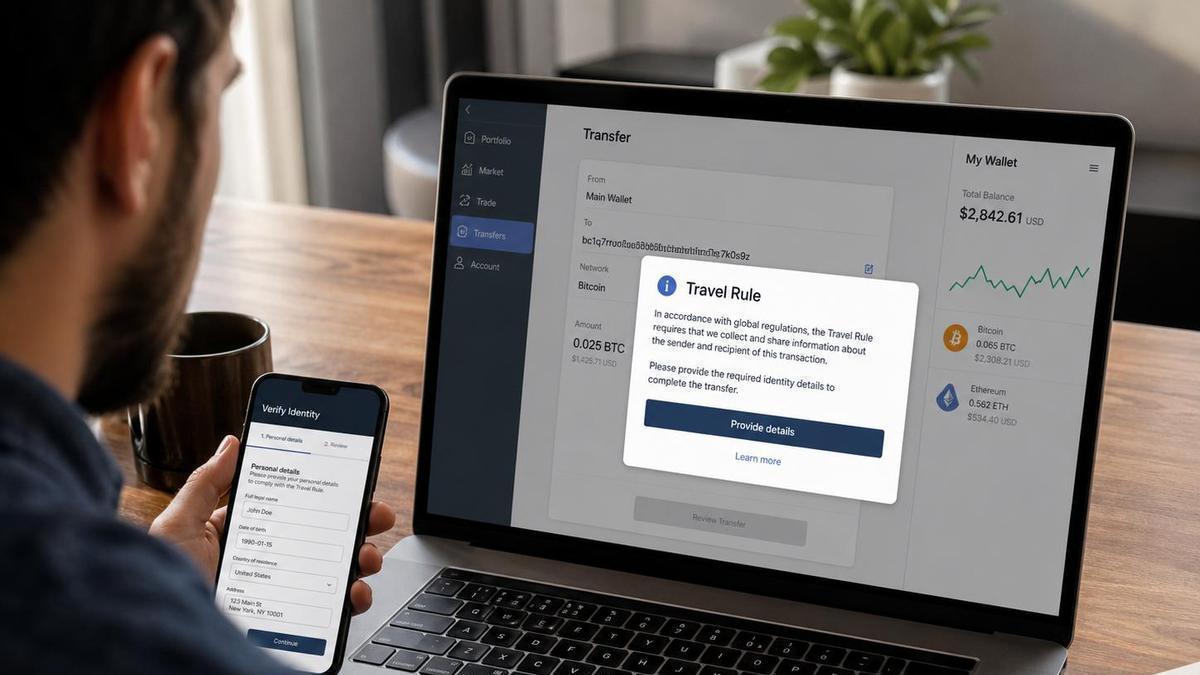 Un usuario cripto recibe un mensaje de "travel rule" al intentar realizar una transferencia.