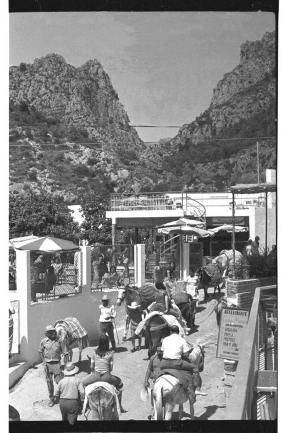 Los paseos en burro por los alrededores de las Fuentes del Algar se convirtieron durante años en un medio para lograr unas pesetas, como se aprecia en estas imágenes de los 60.