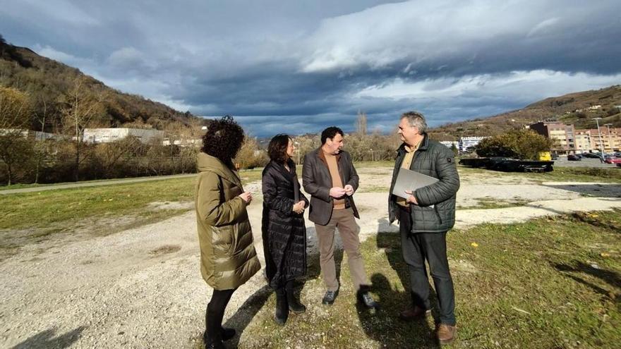 Por la izquierda, Jacoba García, Melania Álvarez, Julio García y Fermín Bravo en los terrenos de Pola de Laviana en los que se construirán las viviendas. | D. O.