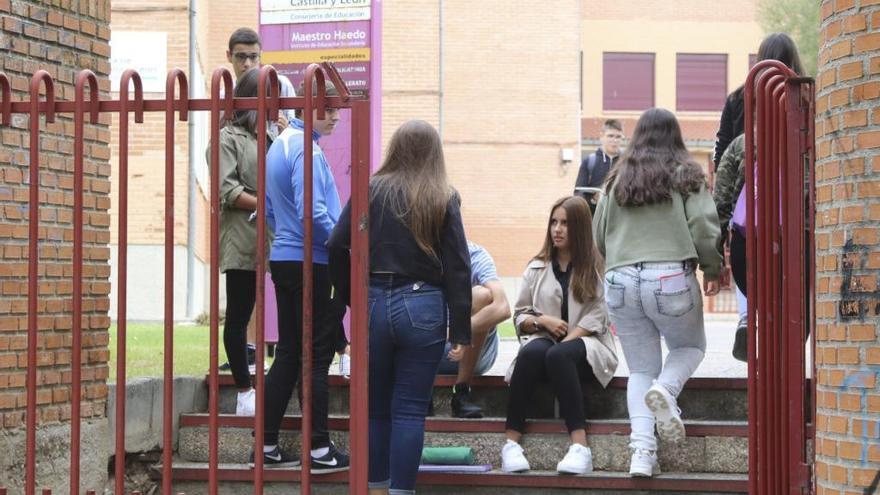 Alumnos durante el inicio del curso a las puertas del instituto Maestro Haedo de Zamora, donde comenzará el proyecto sobre el uso de medicamentos.