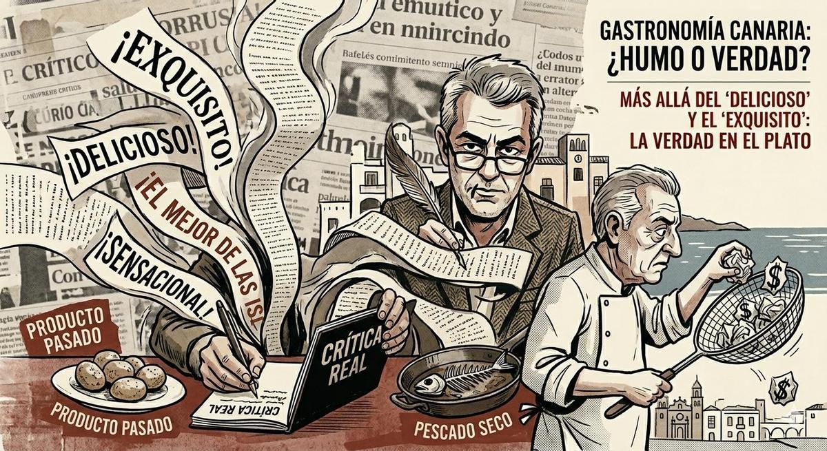 Ilustración sobre el exceso de adjetivos en las crónicas gastronómicas.