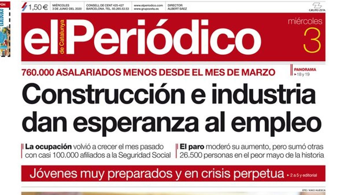 La portada de EL PERIÓDICO  del 3 de junio del 2020.