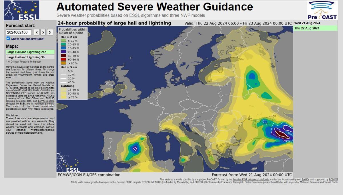 La advertencia del Laboratorio Europeo de Tormentas Severas sobre la caída de posible granizo grande en Valencia para mañana jueves.
