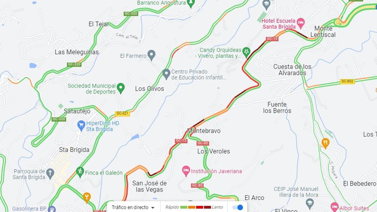 En tonos rojos, retenciones provocadas por el accidente ocurrido esta tarde en Santa Brígda.