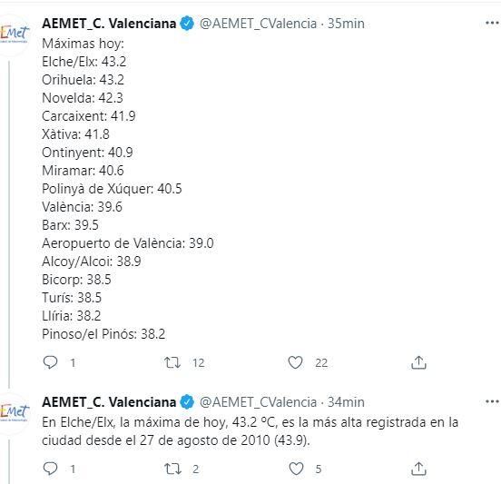 Temperaturas según el twitter de la Agencia Estatal de Meteorología, de hoy lunes